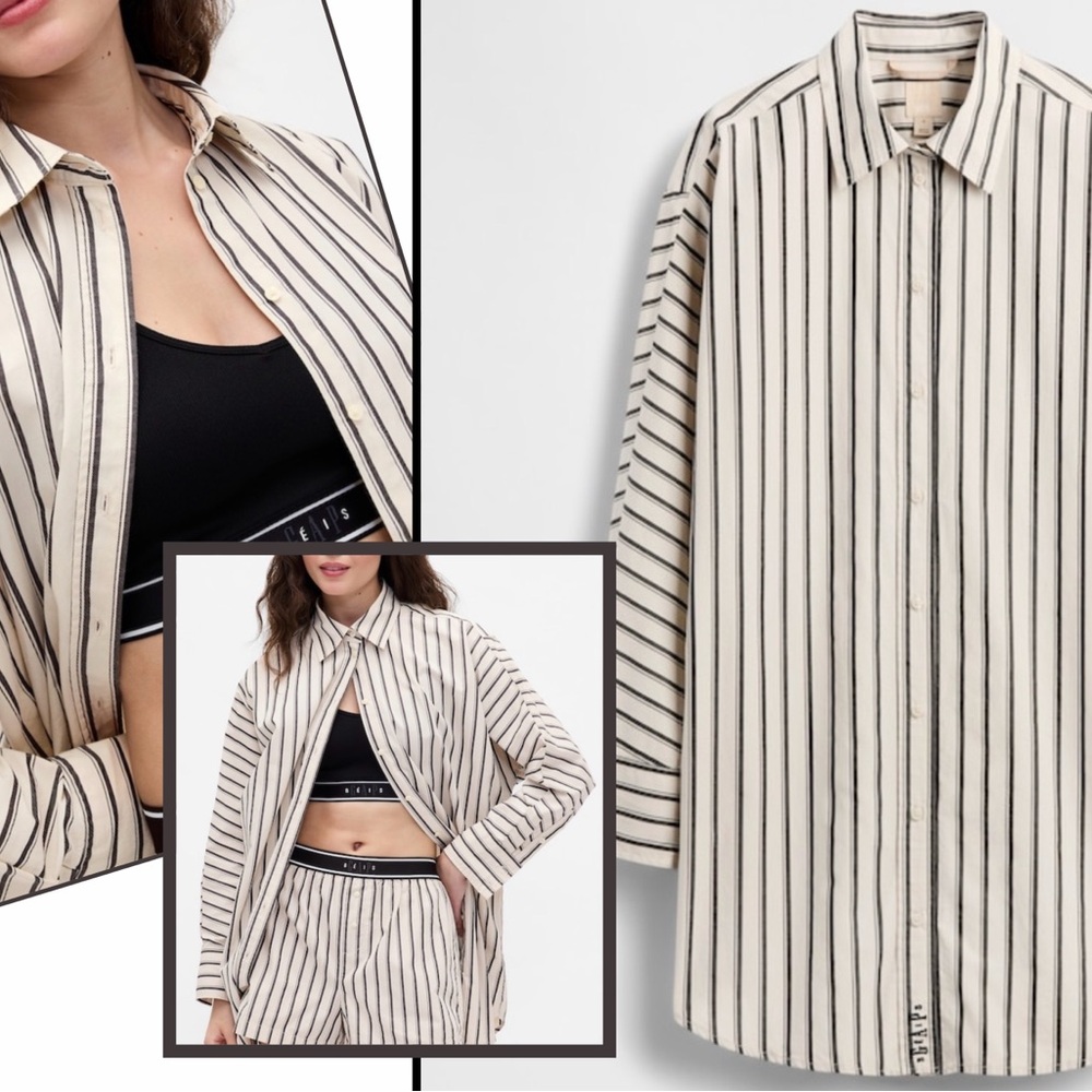 GAP x Beis Cream and Black Vertical Stripe Button-Down Shirt